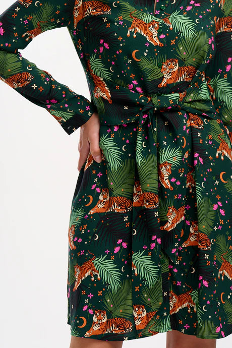 Henrietta Mini Shirt Dress - Dark Green, Tigers & Palms