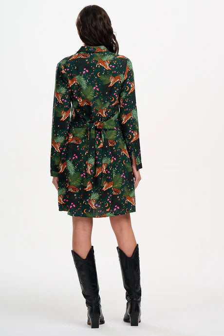 Henrietta Mini Shirt Dress - Dark Green, Tigers & Palms